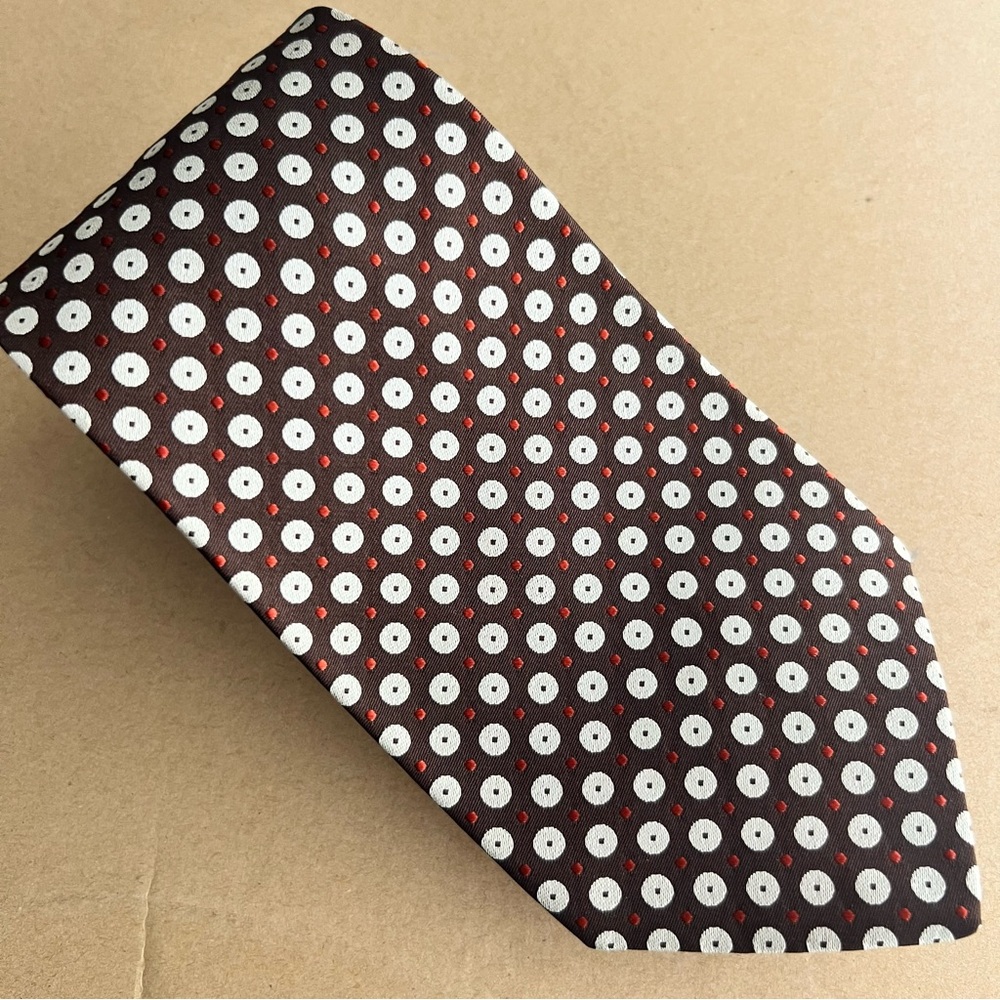 Sulka Men's Neck Tie 100% Silk Brown Silver/Red Dots Vintage, Made in France